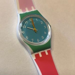 Multi-color SMALL bezel Swatch watch. Like new, pink pool-blue aqua-green.